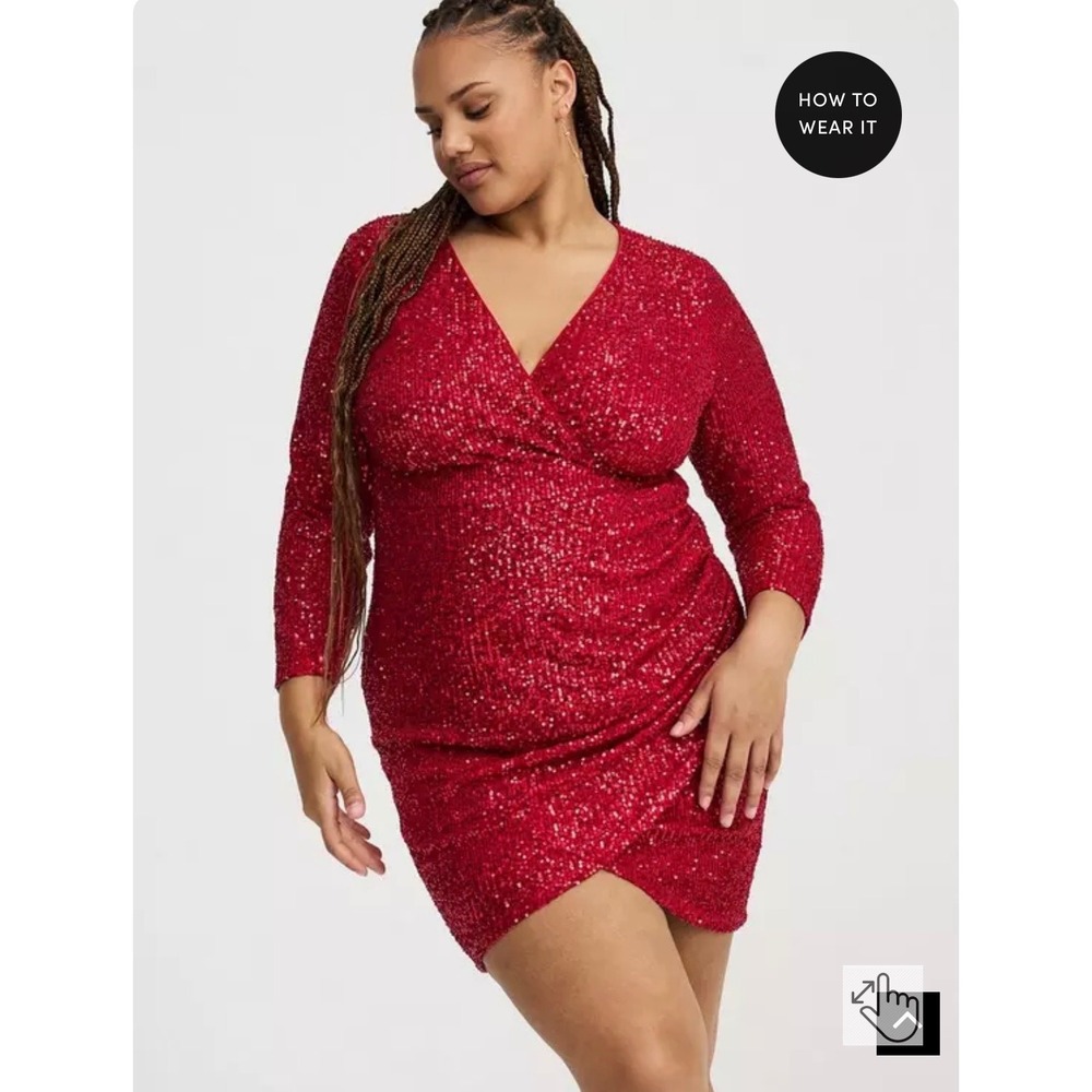 Torrid Dress Women 5 Jester Red Sequin Mesh Long Sleeve Surplice Mini 43125384